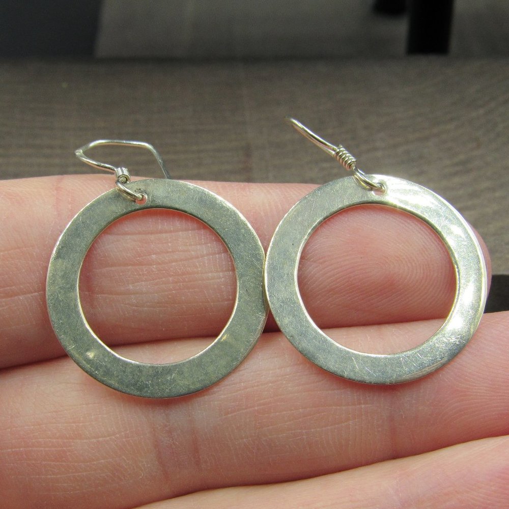 Sterling Silver Flat Circle Dangle Earrings Vinta… - image 1